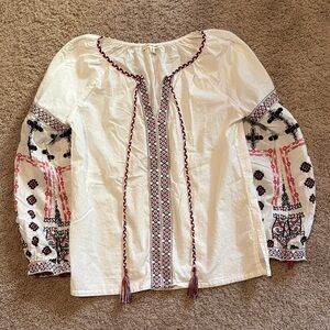 Max Studio Ivory Blouse with Black and Red Embroidery